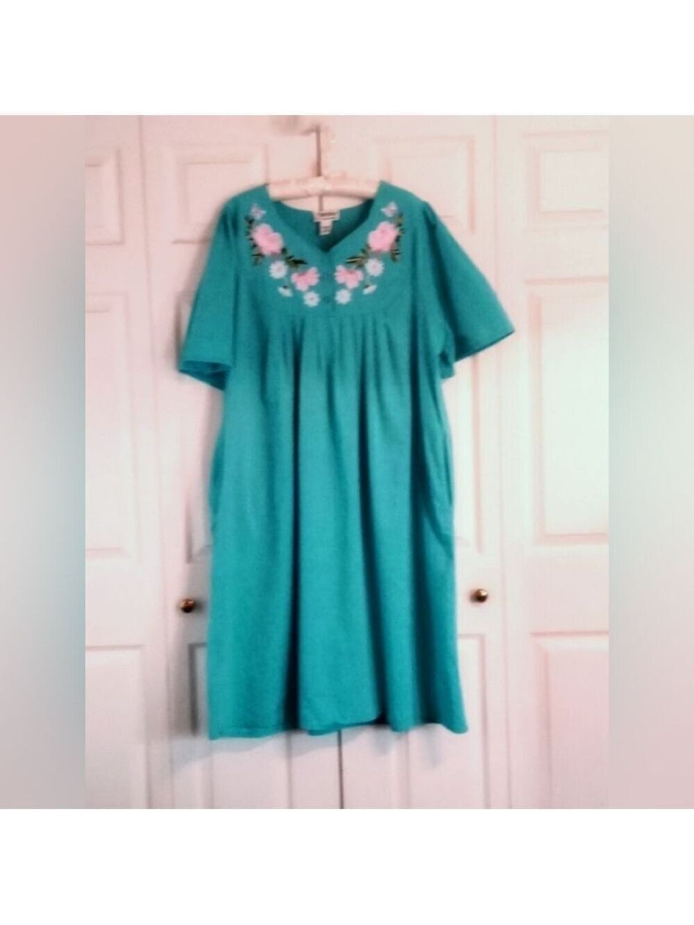Expressions Turquoise Embroidered Cotton Patio Dress XL